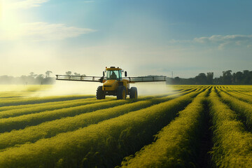 Fototapeta premium Tractor spraying pesticides fertilizer on crops farm field
