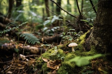 a fungus amidst woodland covered in foliage. Generative AI
