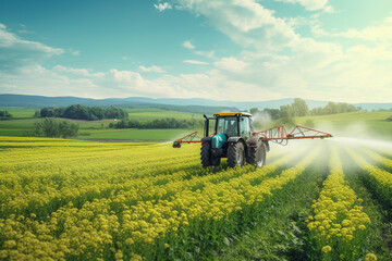 Fototapeta premium Tractor spraying pesticides fertilizer on crops farm field