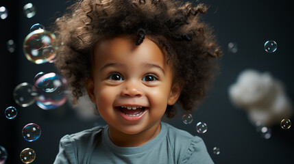 Cute little baby sitting in white bathtub with foam and soap bubbles. Taking bath and playing with toys. Baby hygiene.