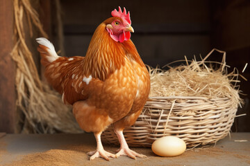 Fototapeta premium hen standing near eggs
