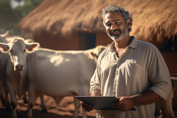 Indian man using laptop at his dairy farm - obrazy, fototapety, plakaty
