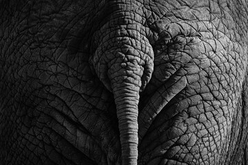 Wildlife scene from nature. Tail, detail of big elephant.  Art view on nature. Eye close-up portrait of big mammal, Etosha NP, Namibia in Africa. Detail of wrinkled elephant skin. Black and white art.