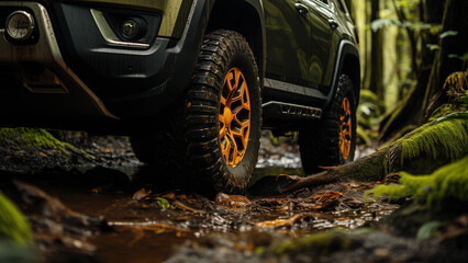 A big wheel of the 4x4 off-road car driving on terrain route in the jungle. Adventure in extreme and challenge transportation.