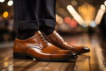 Close-up at heel of the manager is wearing formal business court shoe is walking on wooden floor at working office, Businessman action. - Powered by Adobe