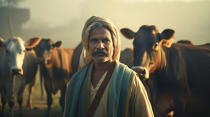 Fototapeta na wymiar Indian herdsman with cows. rural scene