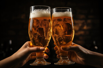 Action of 2 people hands are clinking glasses of beer with blurred background of light bokeh. Friendship and hangout activity.