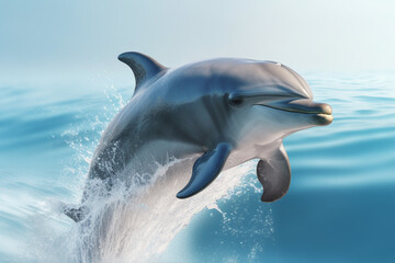 Nature, wildlife, animals concept. Happy dolphin jumping out of ocean or sea. Nautical background with copy space