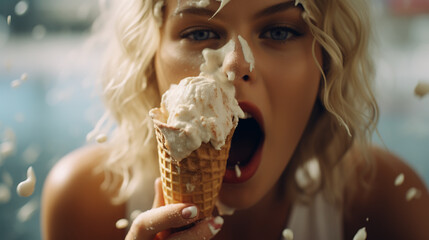 Naklejka premium closeup fashion portrait of young hipster crazy girl eating ice cream
