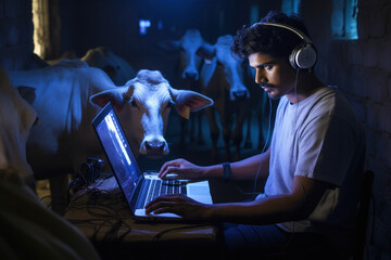 Indian man listening music in front of cow - obrazy, fototapety, plakaty