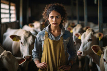 Confident and hardworking woman standing at his dairy farm