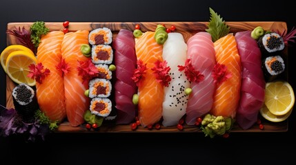 a colorful sushi platter featuring on a bamboo sushi board. AI Generative - Powered by Adobe