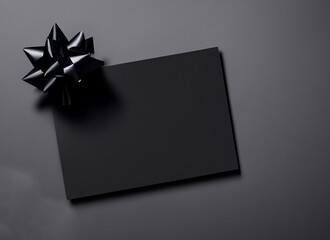 Black gift card with black ribbon bow with copy space - obrazy, fototapety, plakaty