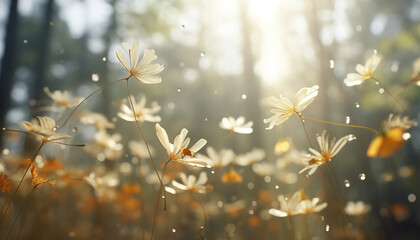 Blumen Pollen fliegen mit viel Licht im Wald herum als  Hintergrund - obrazy, fototapety, plakaty