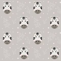 Children's patern with cute zebras and floral patterns on a gray background, hand drawn vector illustration.