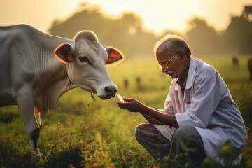 Indian animal doctor checking cow - obrazy, fototapety, plakaty