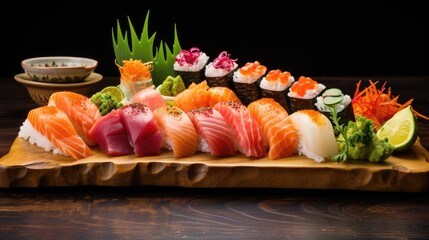 a colorful sushi platter featuring on a bamboo sushi board. AI Generative
