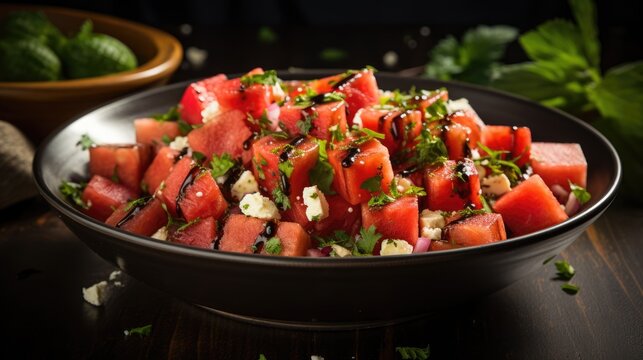 A refreshing watermelon salad with cubes of juicy watermelon. AI Generative