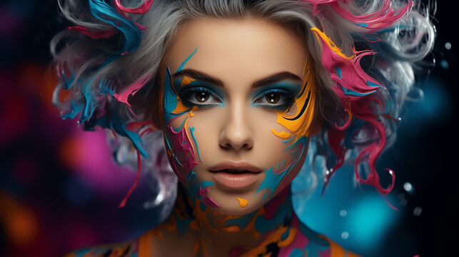 Model with a creative pop art make-up on her face