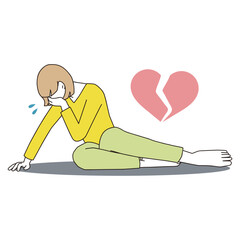 傷心で泣き崩れる女性　裸足