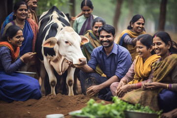 Indian volunteers take care of the cow - obrazy, fototapety, plakaty