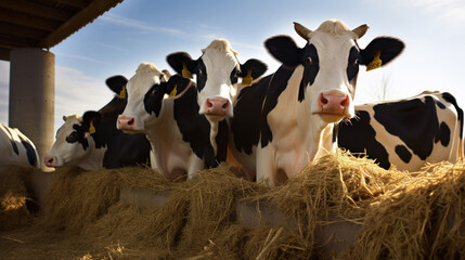 Cows group feeding at dairy farm.