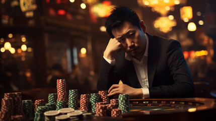 Young devastated businessman losing poker game at casino, gambling addiction - obrazy, fototapety, plakaty