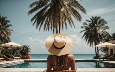 Fototapeta na wymiar Back view of young woman in hat standing in swimming pool at resort