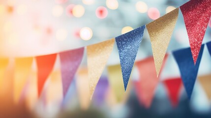 Colorful triangular flags on blur background for outdoor party celebration, vintage tone