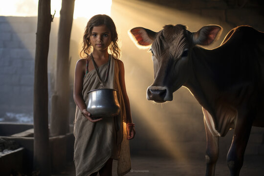 Indian little girl child with her cow