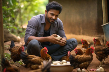 indian man feeding his chickens - obrazy, fototapety, plakaty