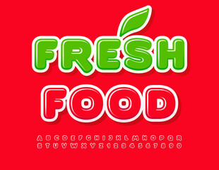 Vector eco concept Fresh Food. Red glossy Font. Creative Alphabet Letters and Numbers set