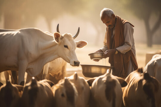 Indian farmer feeding his cows