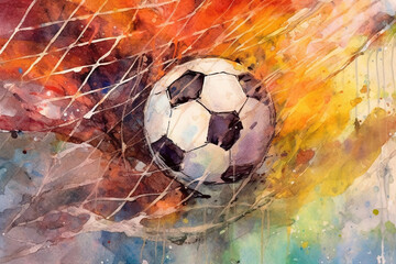Goal, soccer ball in the gate net, colorful artistic poster	