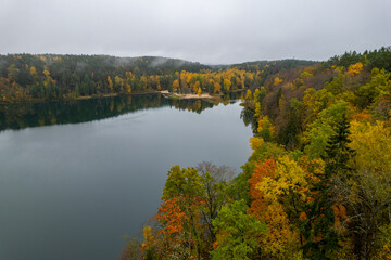 Naklejka na ściany i meble Aerial autumn fall view Green Lakes, Balsys Lake (Žalieji Ežerai) Vilnius, Lithuania