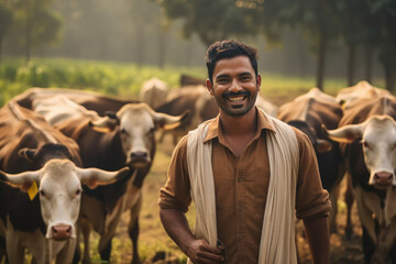Indian man standing at his dairy farm with cow - obrazy, fototapety, plakaty