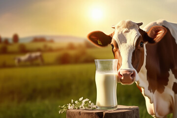 Cow standing, near full of milk bottle - obrazy, fototapety, plakaty