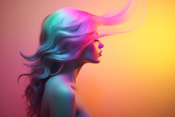 Stunning female portrait, colored gradient hairs, photorealistic art