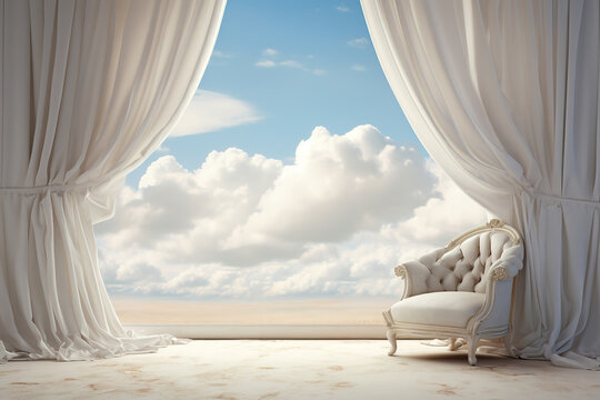 Calm and peaceful scenery, white curtains, summer meadow and beautiful sky