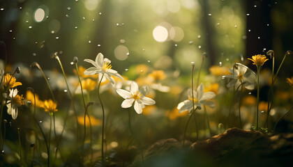Blumen Pollen fliegen mit viel Licht im Wald herum als  Hintergrund