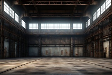 Evoking an Ambiance of Empty Warehouse with Dramatic Lighting. Generative Ai - obrazy, fototapety, plakaty
