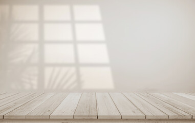 Minimalistic abstract gentle light beige background for product presentation with light and shadow of window and leaf curtains on wall. Pastel cream watercolor concrete wall old on floor wood parquet.