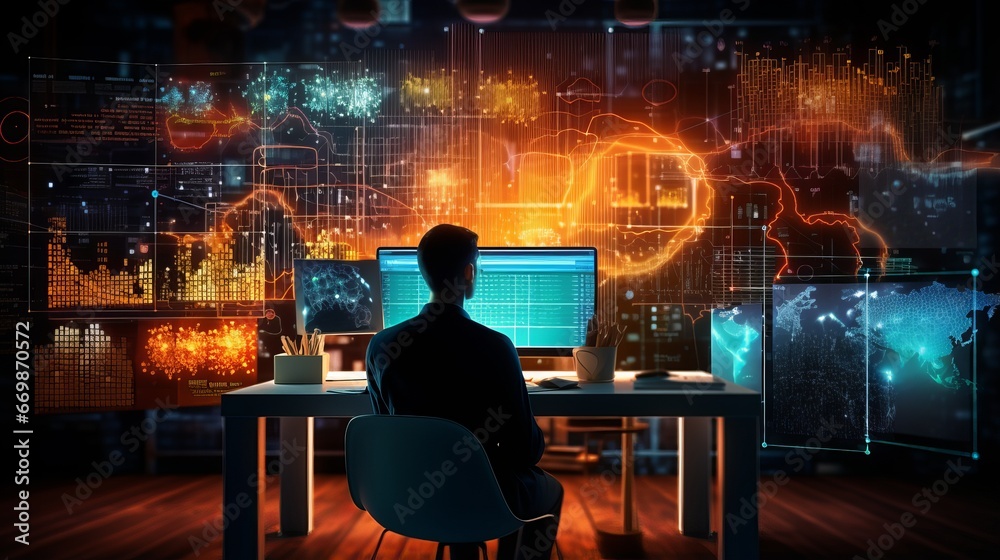 Poster tech savvy: data scientist analyzing big data with precision. ai, machine learning, and business ana