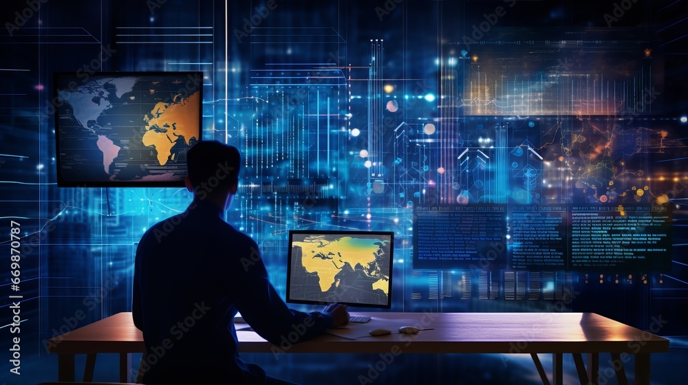 Poster tech savvy: data scientist analyzing big data with precision. ai, machine learning, and business ana