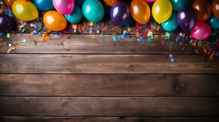 Festive and colorful party decoration with balloons, streamers and confetti on wooden background