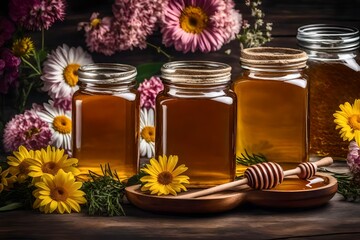 Obraz na płótnie Canvas jars of honey and flowers