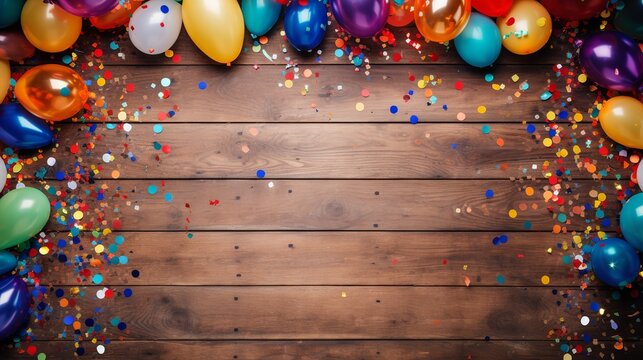 Festive and colorful party decoration with balloons, streamers and confetti on wooden background