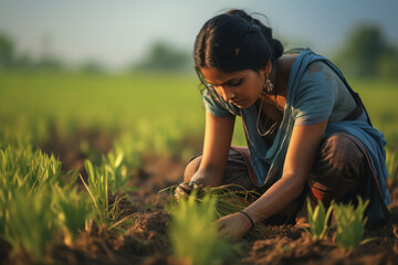 indian woman working at agriculture field - obrazy, fototapety, plakaty