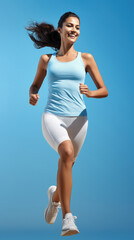 Fototapeta na wymiar Young woman in sport wear and running on blue background.