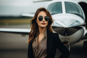 Young and successful woman standing with his privet jet - obrazy, fototapety, plakaty